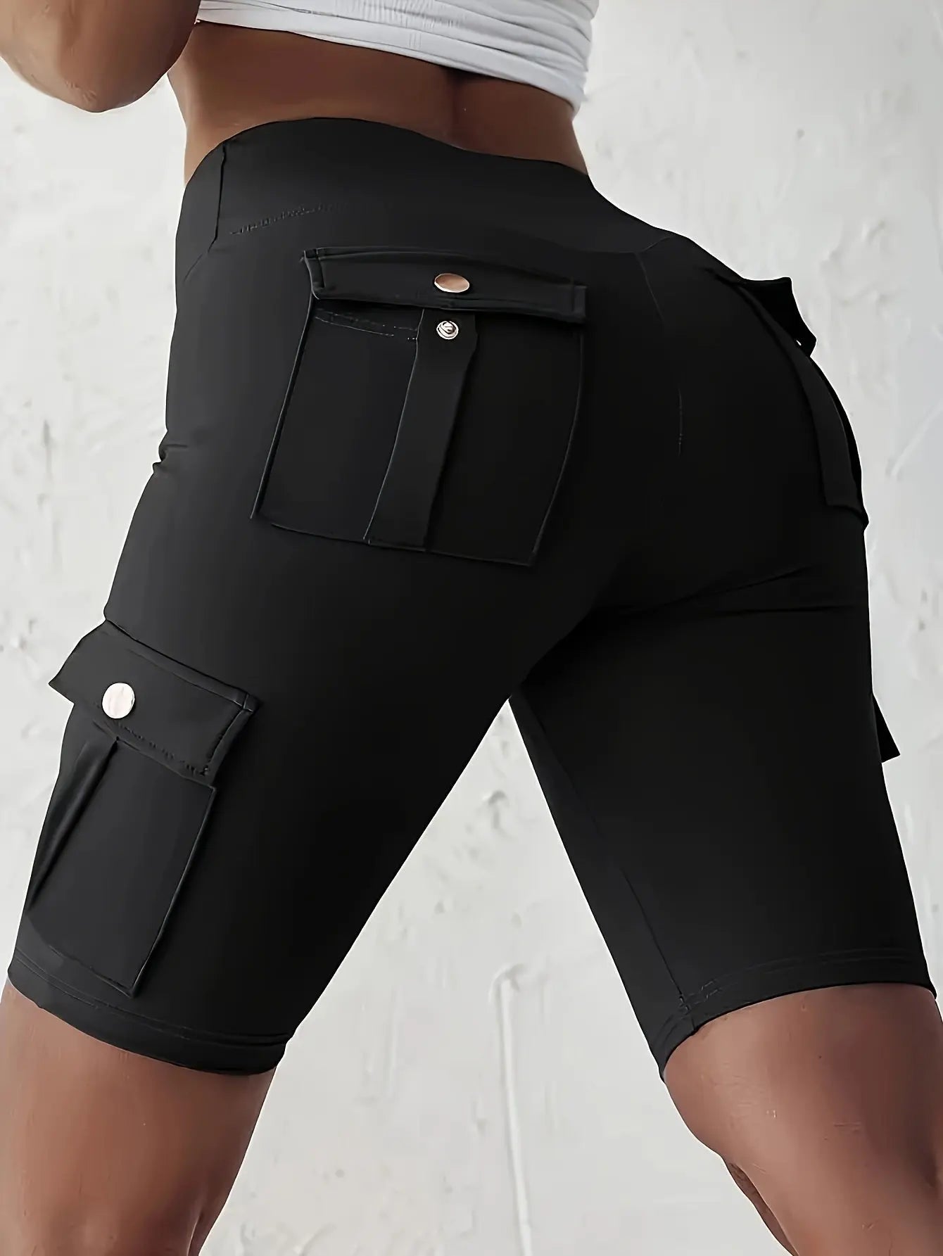 Women's Solid Color Pocket Design Athletic Yoga Cargo shorts For Exercise & Fitness, High-Wais Sports Cargo shorts Nova Trendz