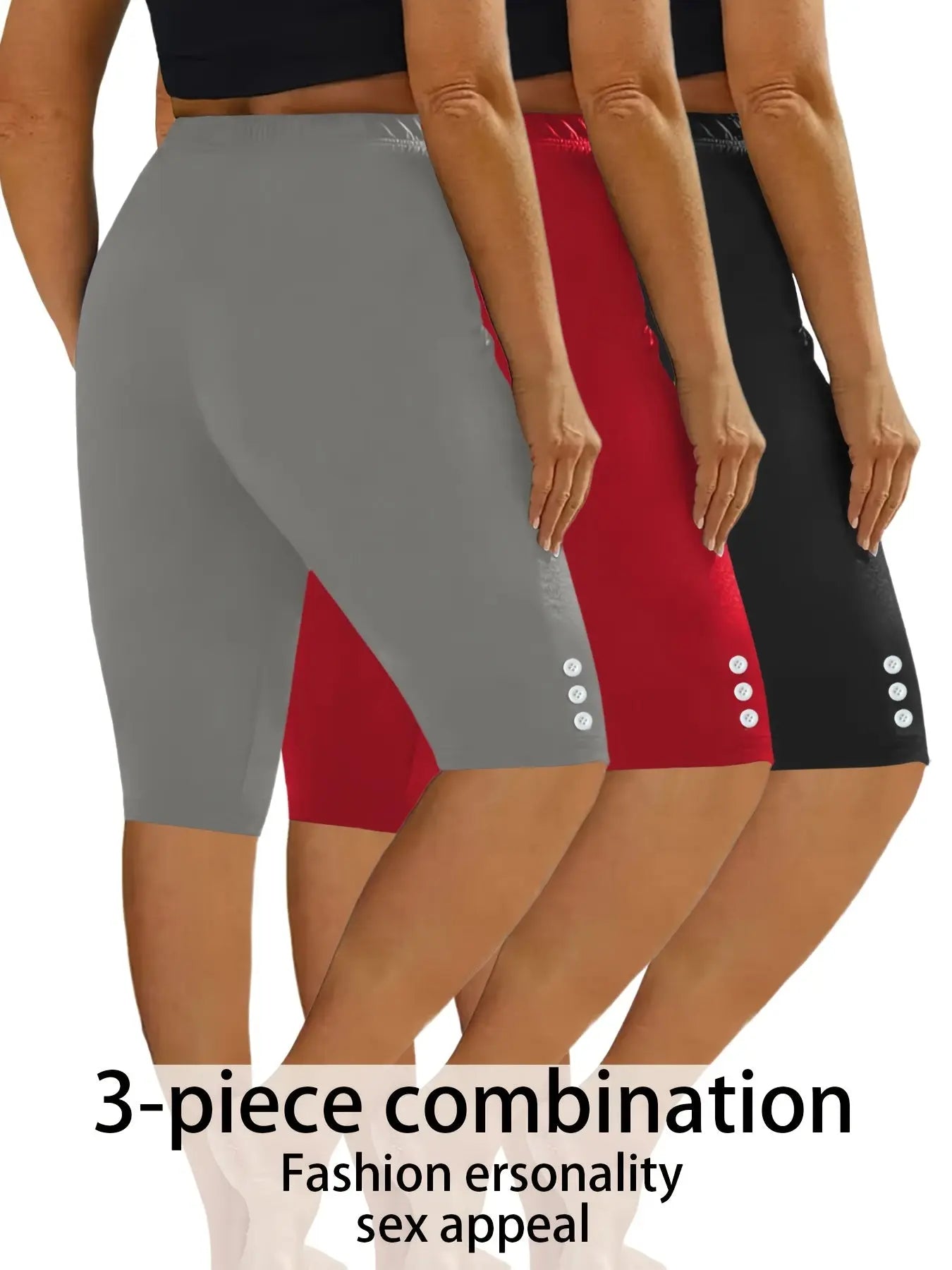3-Pack Women's Fashion Casual Athletic Shorts - Solid Colors With Side Button Detail, Elastic Waistband, Comfy Sportswear For Daily Wear & Exercise - For Women - Suitable for Sports, Workouts & Casual Wear - Great Gift for Ac Nova Trendz