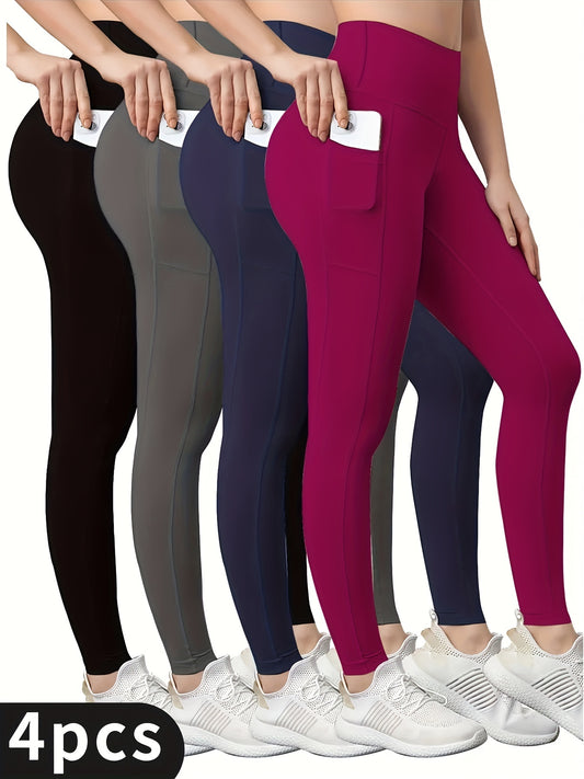 4-Pack High-Waisted Women's Sports Shorts, Solid Color Seamless Breathable Comfort Athletic Wear, Gym Yoga Exercise Shorts, Sporty Style