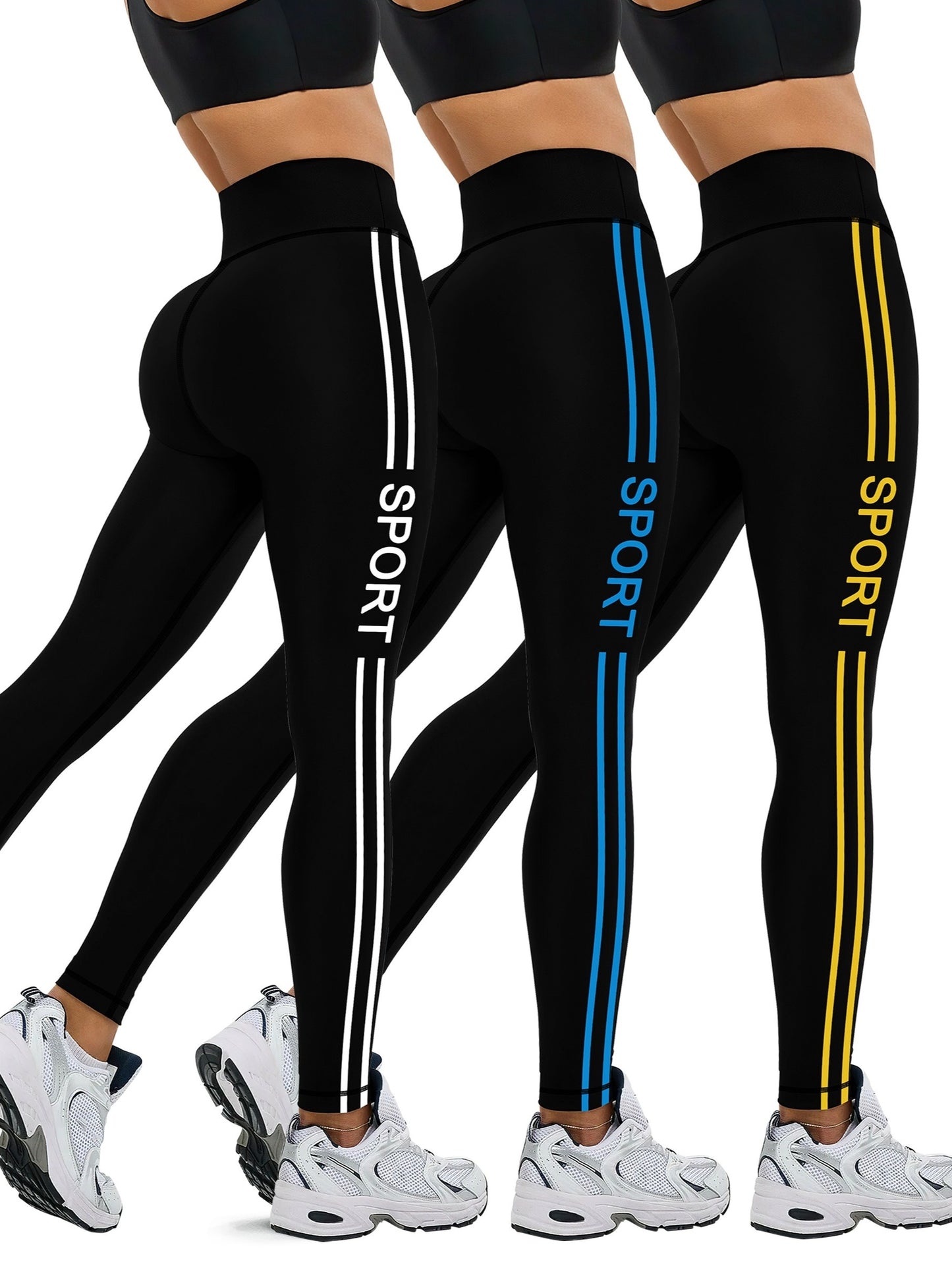 [Popular Choice] 3pcs Side Stripe Letter Print Running Training Fitness Yoga Black Tights, Outdoor Sports Exercise Elastic Abdominal High Waist Fashion Leggings, Women's Sportswear Tights