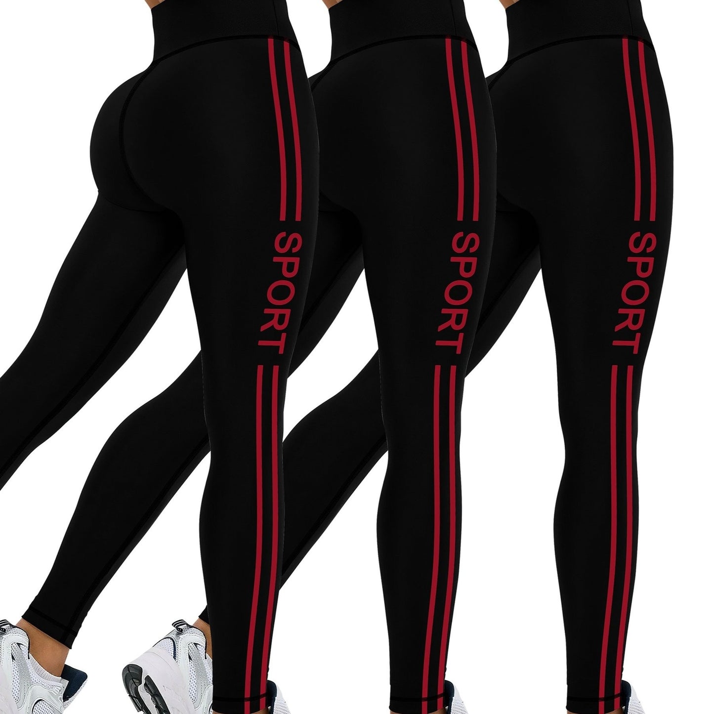 [Popular Choice] 3pcs Side Stripe Letter Print Running Training Fitness Yoga Black Tights, Outdoor Sports Exercise Elastic Abdominal High Waist Fashion Leggings, Women's Sportswear Tights