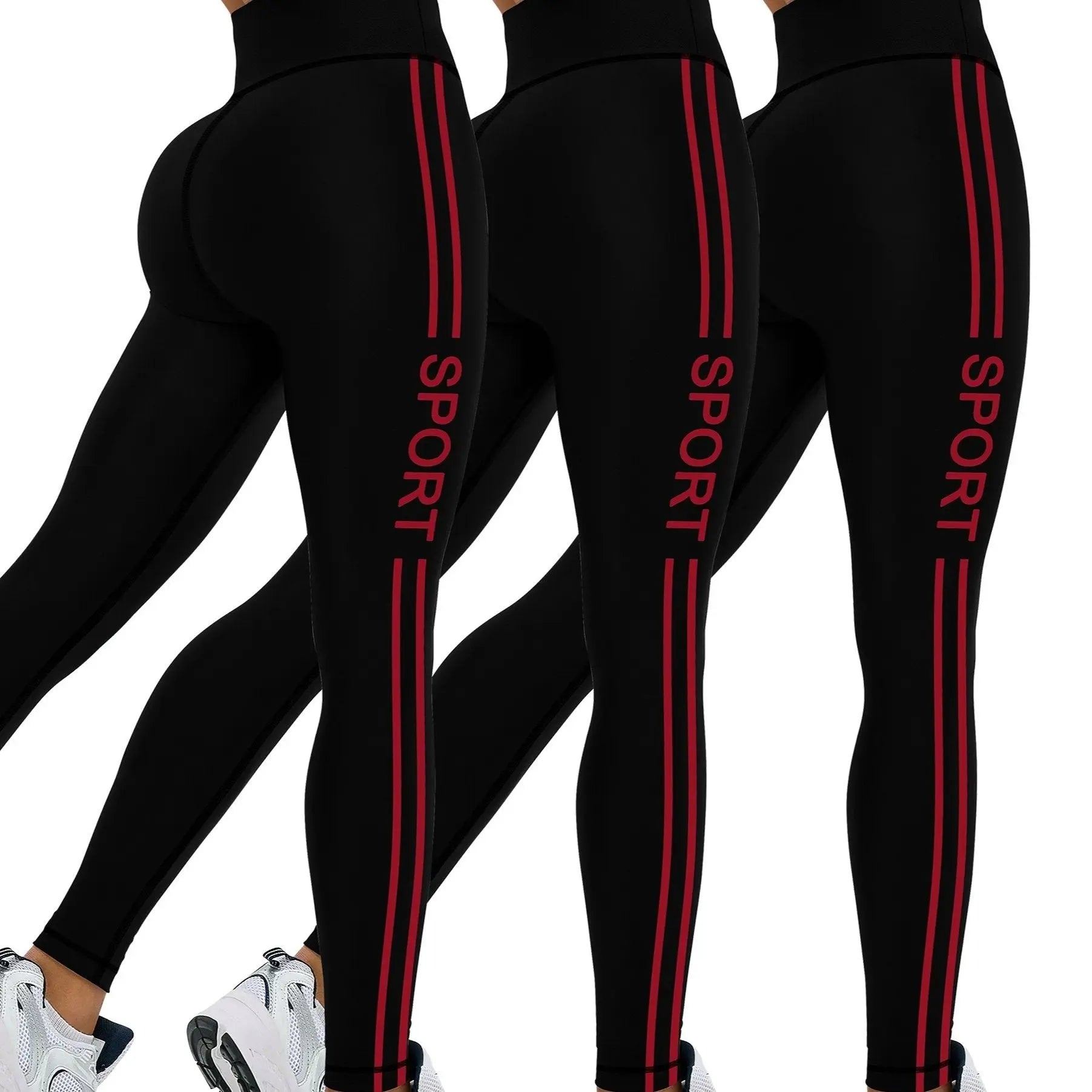 [Popular Choice] 3pcs Side Stripe Letter Print Running Training Fitness Yoga Black Tights, Outdoor Sports Exercise Elastic Abdominal High Waist Fashion Leggings, Women's Sportswear Tights Nova Trendz