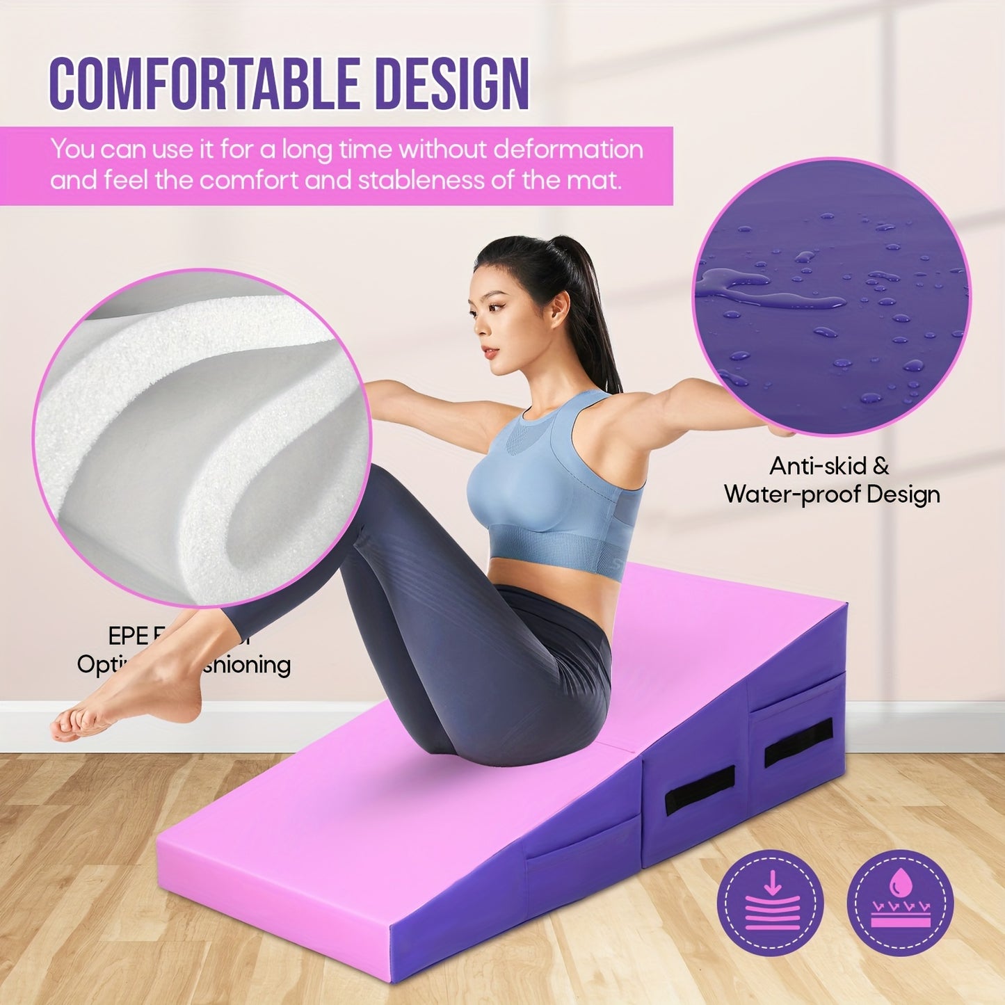 Gymnastics Mat Incline Tumbling Mats Yoga Mat For Home Gym, Folding Exercise Mat With Non-Slip PU Surface & Handles, Cheese Wedge Mat