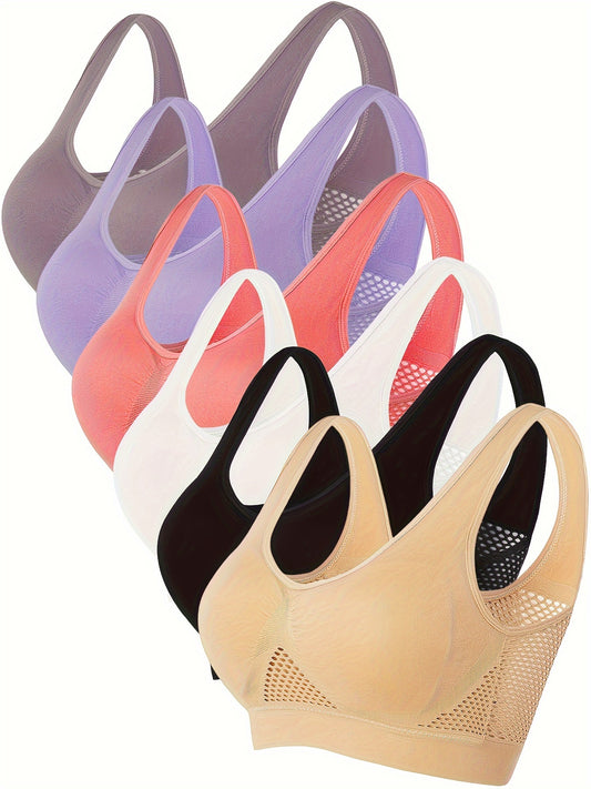 6-Pack Women's Sports Bras in Solid Colors, Wire-Free with Breathable Hollow-Out Design, Soft versatile Activity Bras, Comfortable Activewear for Fitness & Exercise