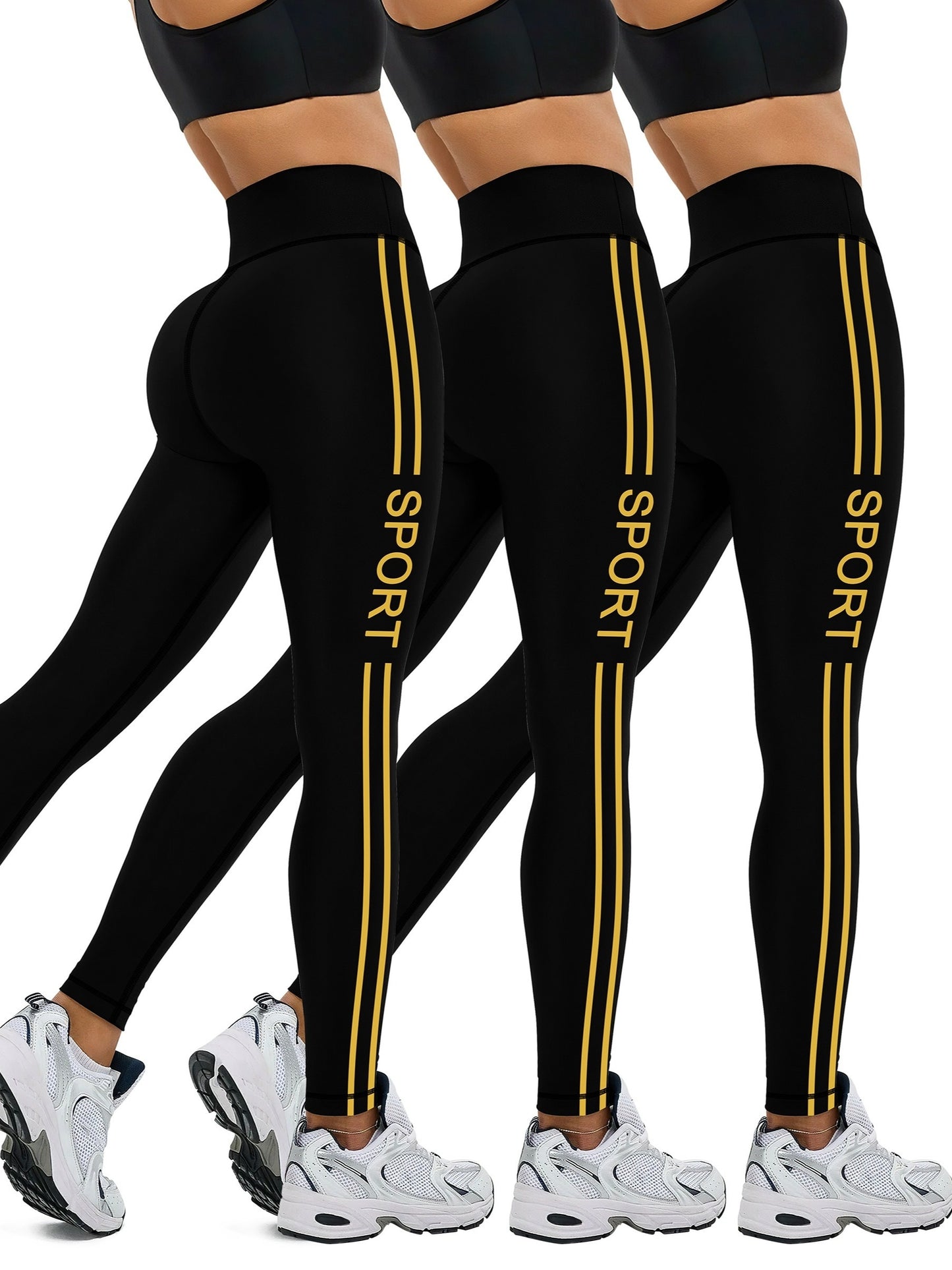 [Popular Choice] 3pcs Side Stripe Letter Print Running Training Fitness Yoga Black Tights, Outdoor Sports Exercise Elastic Abdominal High Waist Fashion Leggings, Women's Sportswear Tights