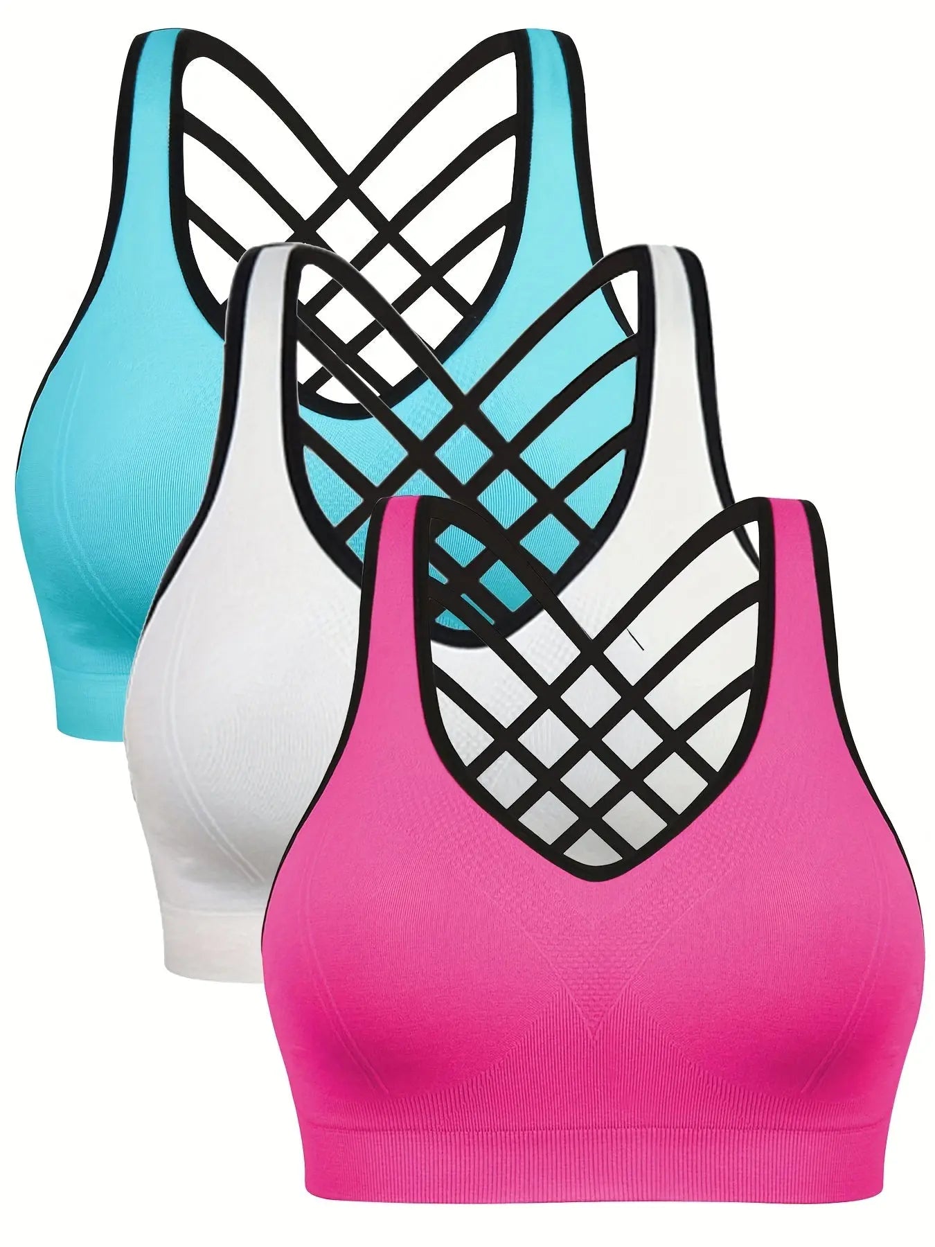 3pcs Women'S Sports Bra Set - Short, Removable Padding, Light Support, Cross Strap Design for Yoga & Exercise, Pink, White, and Blue Options, Yoga Apparel | Stylish Sports Bra | Comfortable Fit, Sports Bra Set Nova Trendz