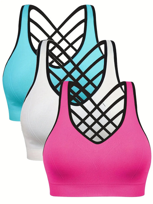 3pcs Women'S Sports Bra Set - Short, Removable Padding, Light Support, Cross Strap Design for Yoga & Exercise, Pink, White, and Blue Options, Yoga Apparel | Stylish Sports Bra | Comfortable Fit, Sports Bra Set Nova Trendz