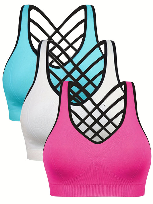 3pcs Women'S Sports Bra Set - Short, Removable Padding, Light Support, Cross Strap Design for Yoga & Exercise, Pink, White, and Blue Options, Yoga Apparel | Stylish Sports Bra | Comfortable Fit, Sports Bra Set