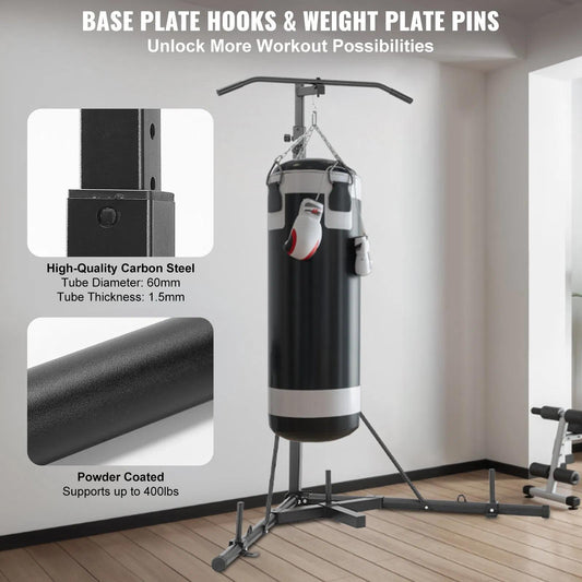 VEVOR 2 in 1 Punching Bag Stand Steel Heavy Duty Workout Equipment Adjustable Height Boxing Punching Bag Stand with Pull Up Bar Freestanding Sandbag Rack Holds Up to 400 lbs for Home Gym Fitness