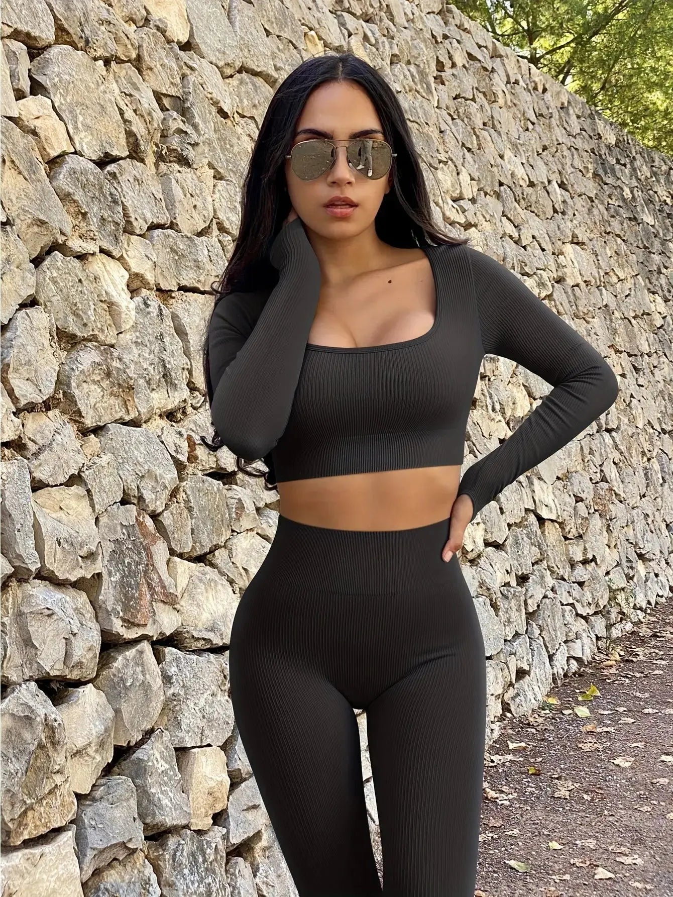 OQQ Women's 2 Piece Crop Top Ribbed Seamless Workout Exercise Long Sleeve Crop Tops Nova Trendz
